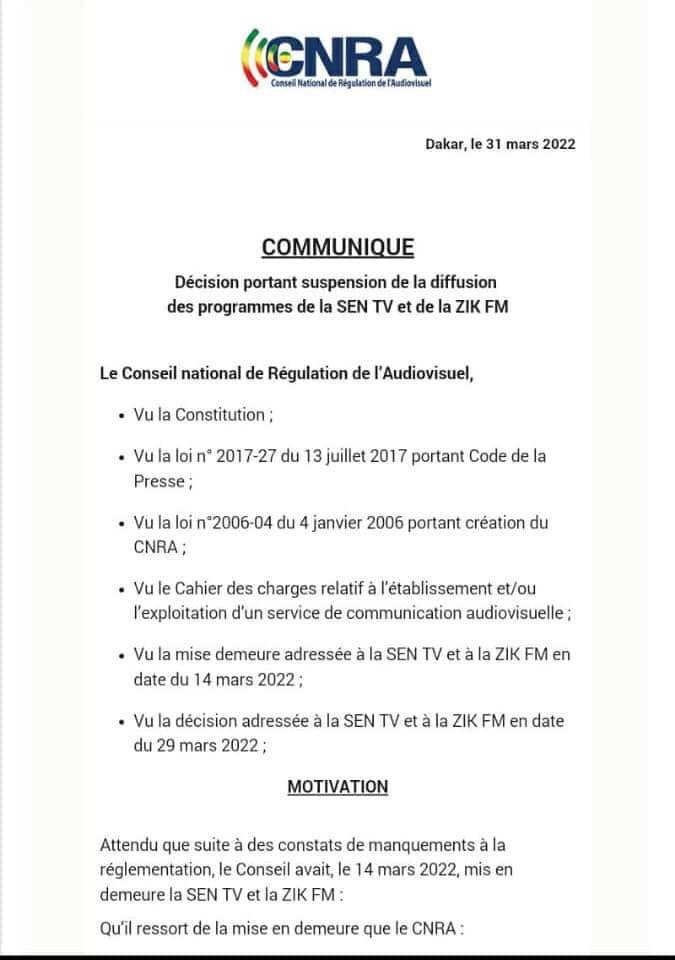 Sénégal :  la Sen Tv et Zik FM suspendues pour 72 heures