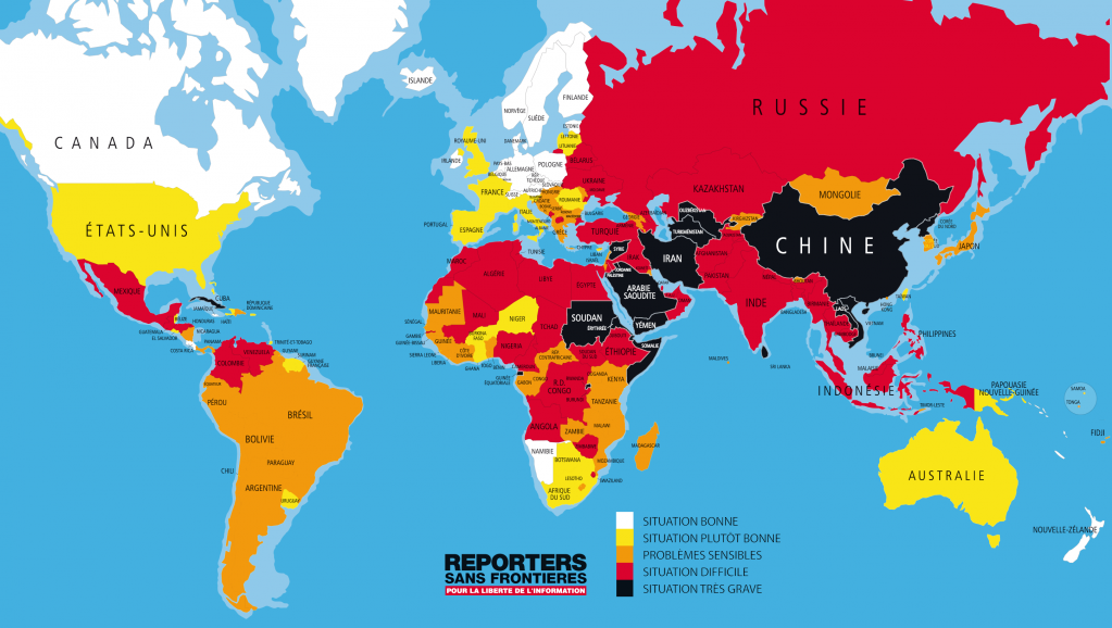 L'Ethiopie (en rouge) occupe la 133ème place sur 179 dans le dernier classement mondial de la liberté de la presse établi par Reporters sans frontières.