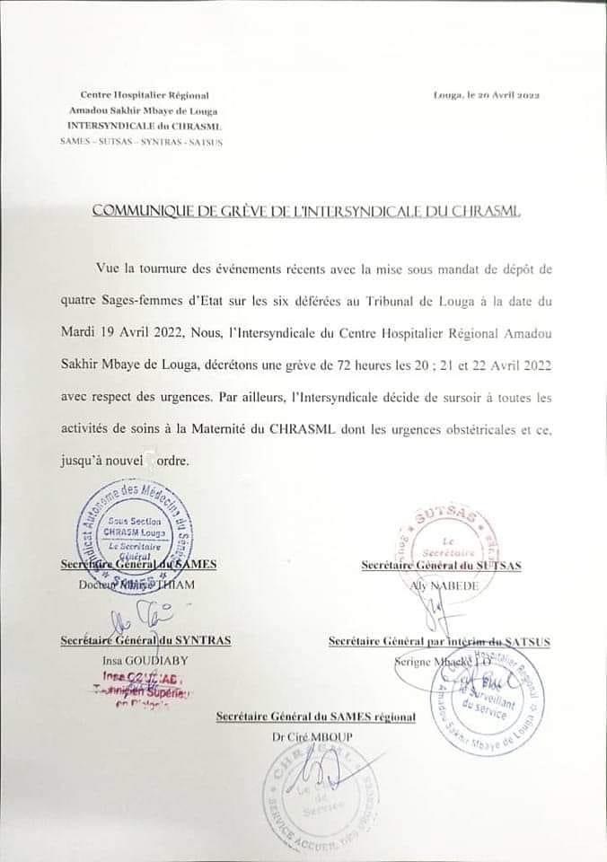 Les travailleurs de l’hôpital de Louga décrète 72 heures de grèves