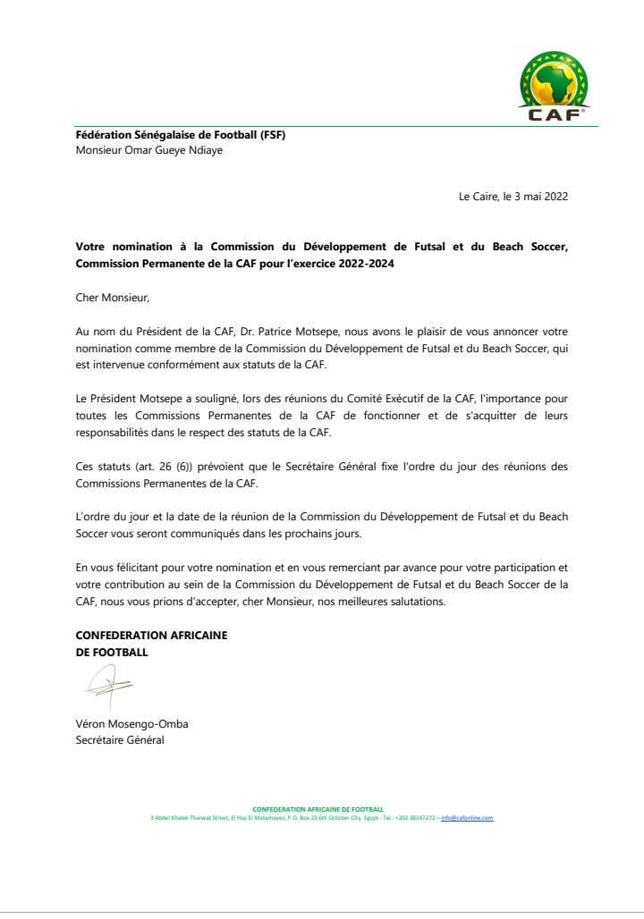 CAF: Omar Guèye Ndiaye nommé membre de la Commission de Développement du Futsal et de Beach Soccer