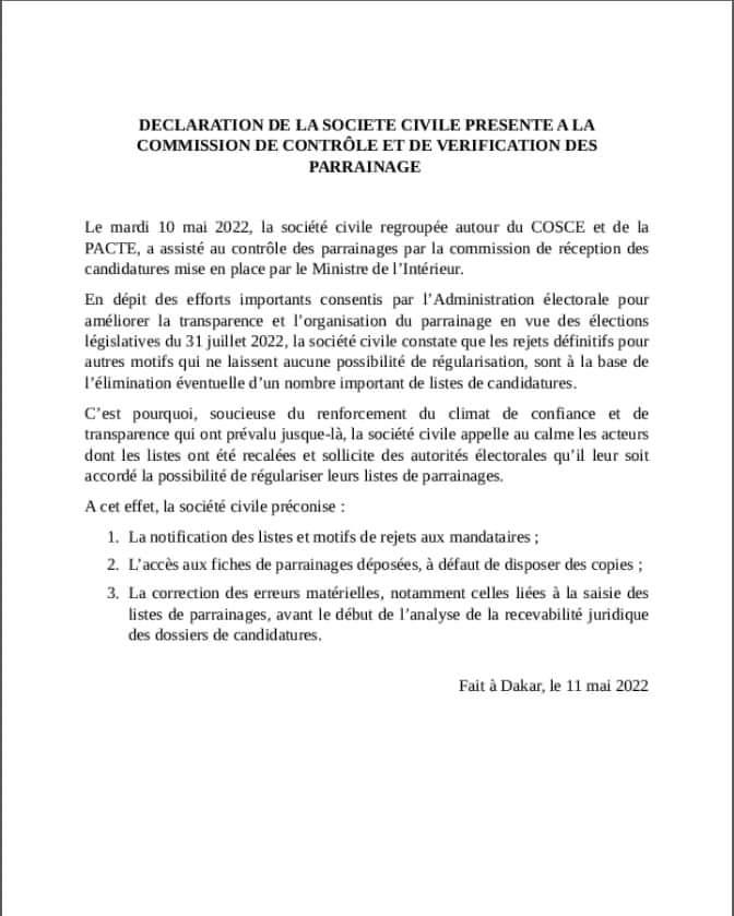 Rejets définitifs de certaines listes : la société civile appelle les recalés au "calme" et sollicite "la possibilité de régulariser" leurs parrainages