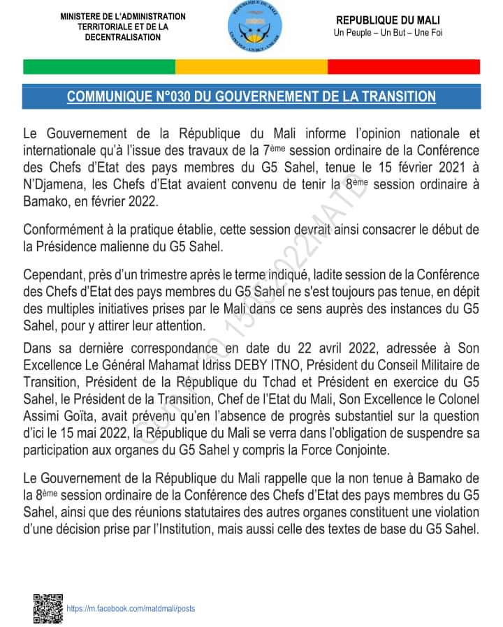 Le Mali se retire du G5 Sahel