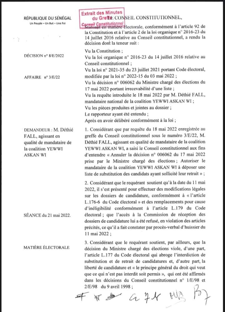 Le Conseil constitutionnel autorise YAW à remplacer les candidats qui se sont désistés (Document) 