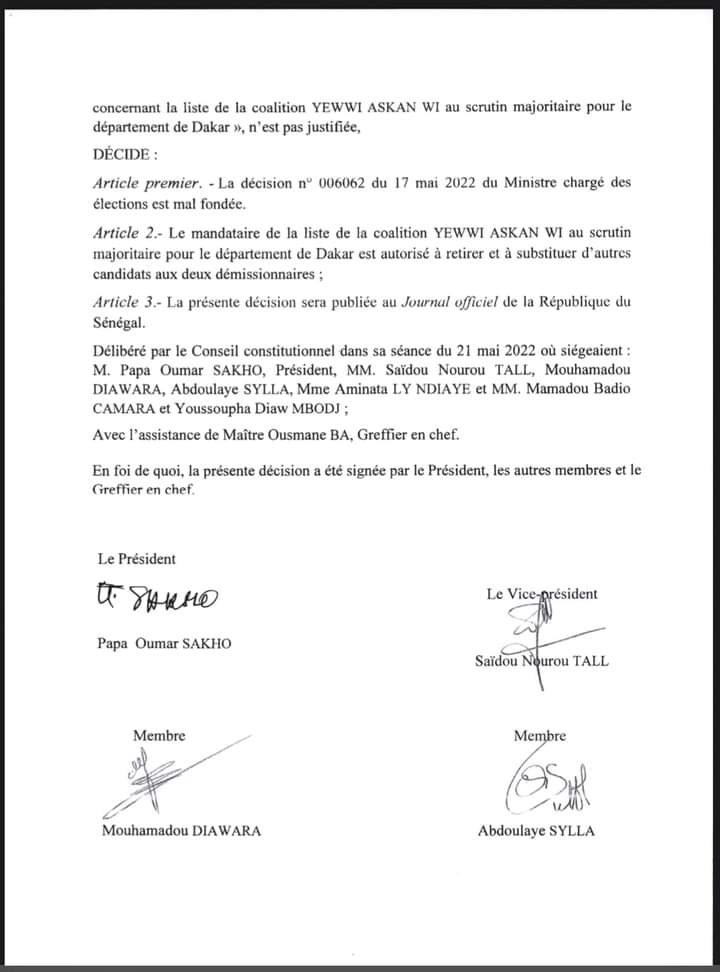 Le Conseil constitutionnel autorise YAW à remplacer les candidats qui se sont désistés (Document) 