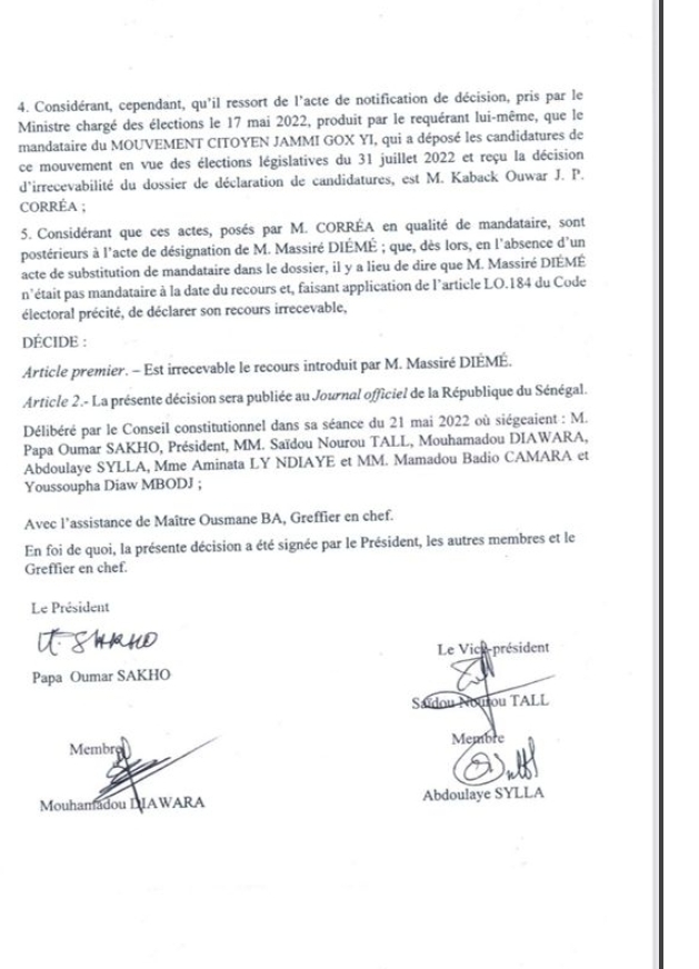 Législatives 2022: le Conseil constitutionnel déclare irrecevable le recours de Jammi Gox Yi