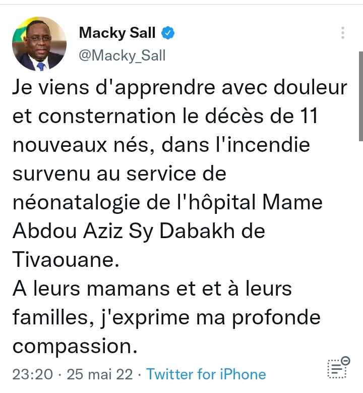 Sénégal : 11 nouveau-nés décédés dans un incendie à l'hôpital de Tivaouane, annonce Macky Sall