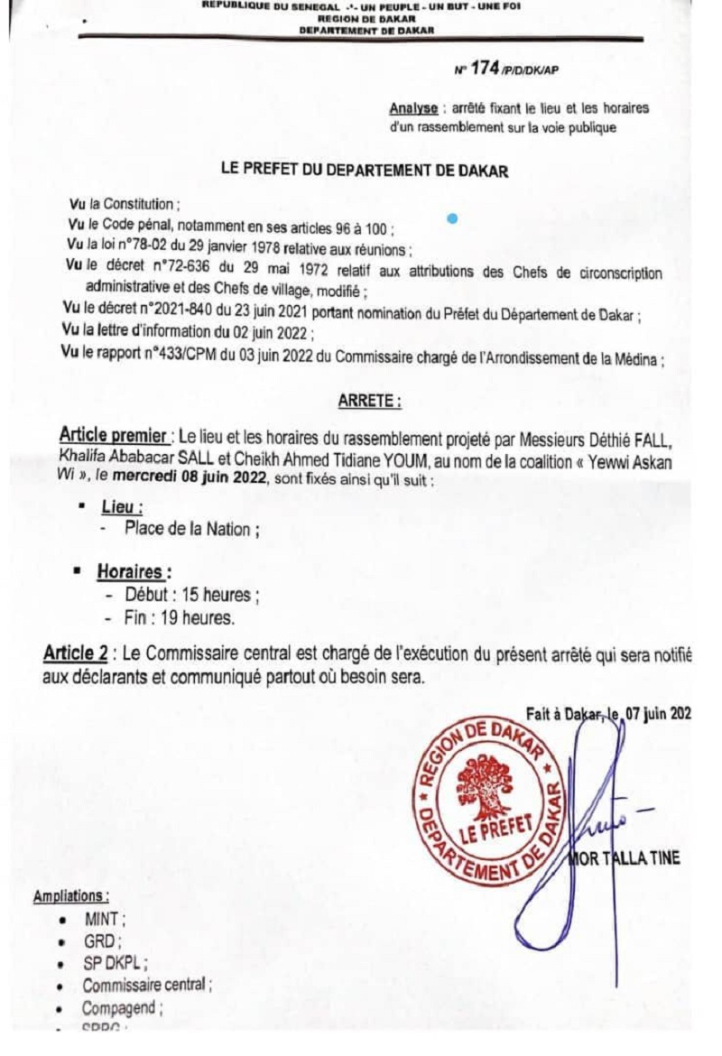 Le Préfet de Dakar ne s'oppose pas à la manifestation de la coalition Yewwi Askan Wi (Arrêté)