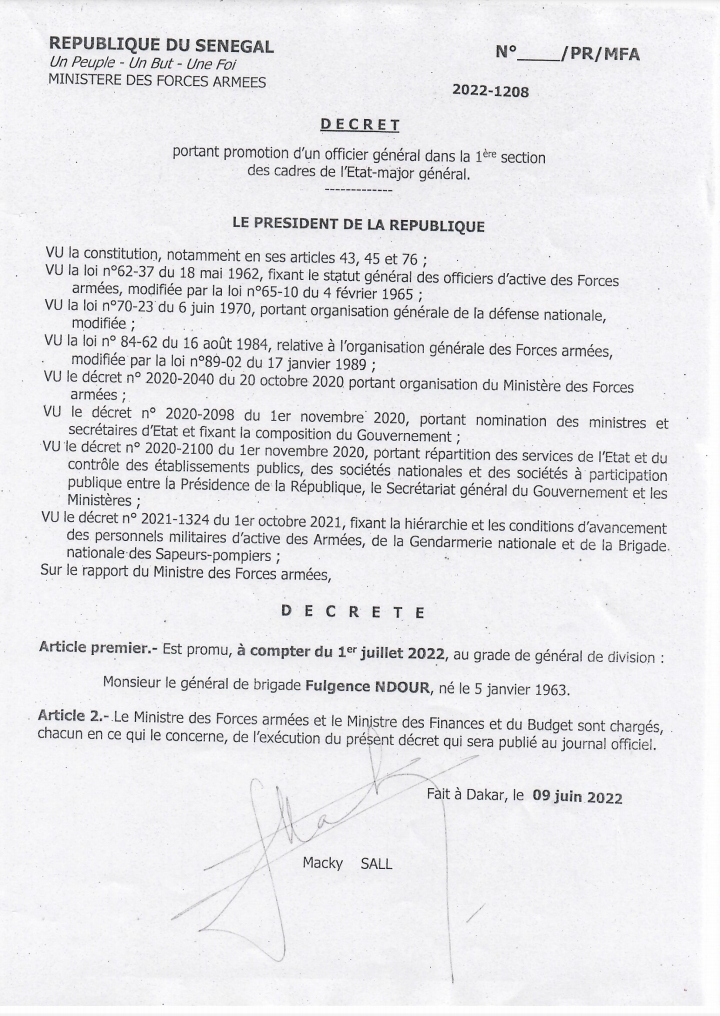 Forces Armées: Macky Sall signe plusieurs décrets portant promotion et nominations