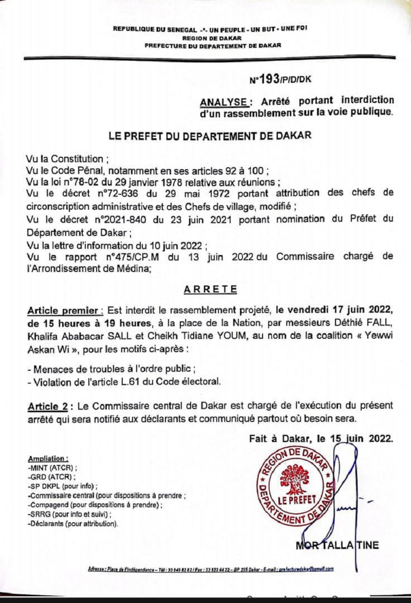 ​Le Préfet de Dakar interdit le rassemblement de Yewwi Askan Wi, prévu ce vendredi