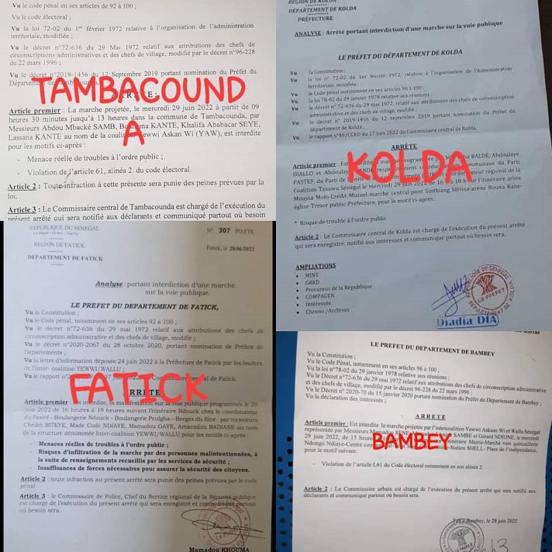 Les manifestations de Yewwi Askan Wi interdites dans plusieurs villes du pays