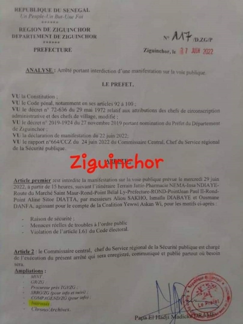 Les manifestations de Yewwi Askan Wi interdites dans plusieurs villes du pays