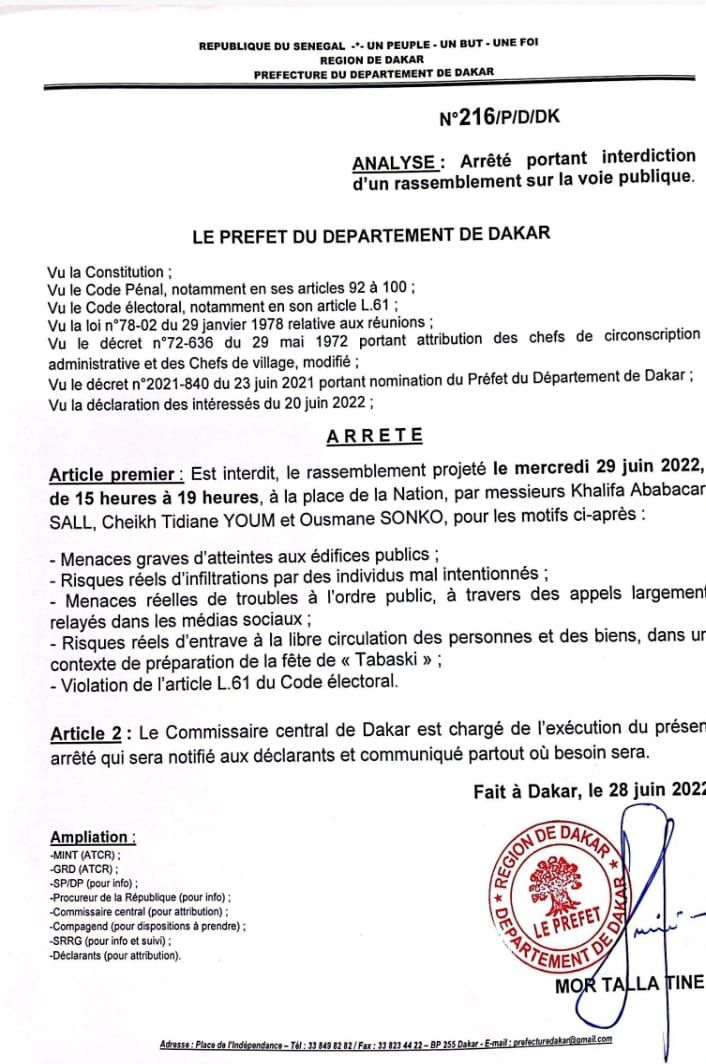 Le préfet de Dakar évoque 5 motifs pour interdire la manifestation de Yewwi Askan Wi