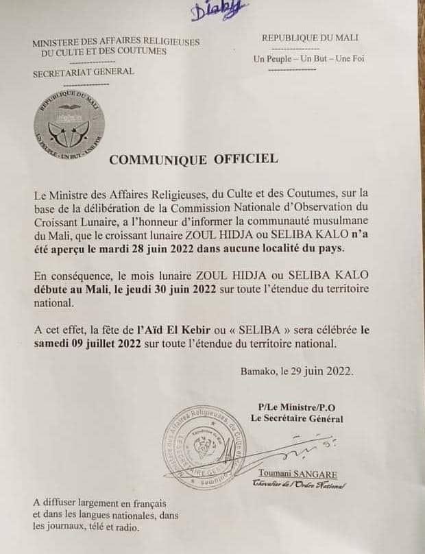 La fête de Tabaski sera célébrée le 9 juillet au Mali (communiqué)