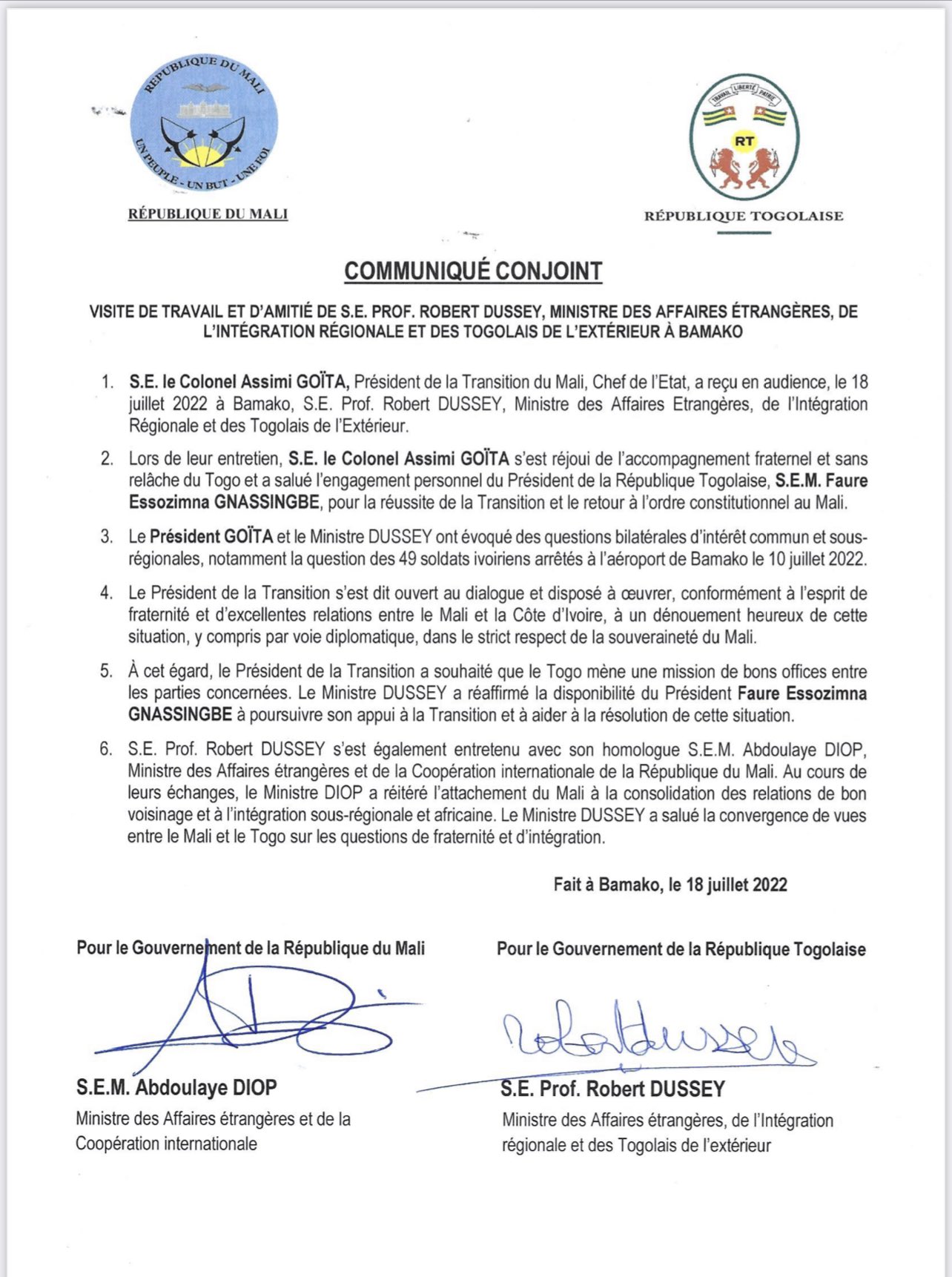 Arrestation des 49 soldats ivoiriens au Mali :  Goïta s'est dit ouvert à un dialogue pour un "dénouement heureux", après un entretien avec un ministre togolais