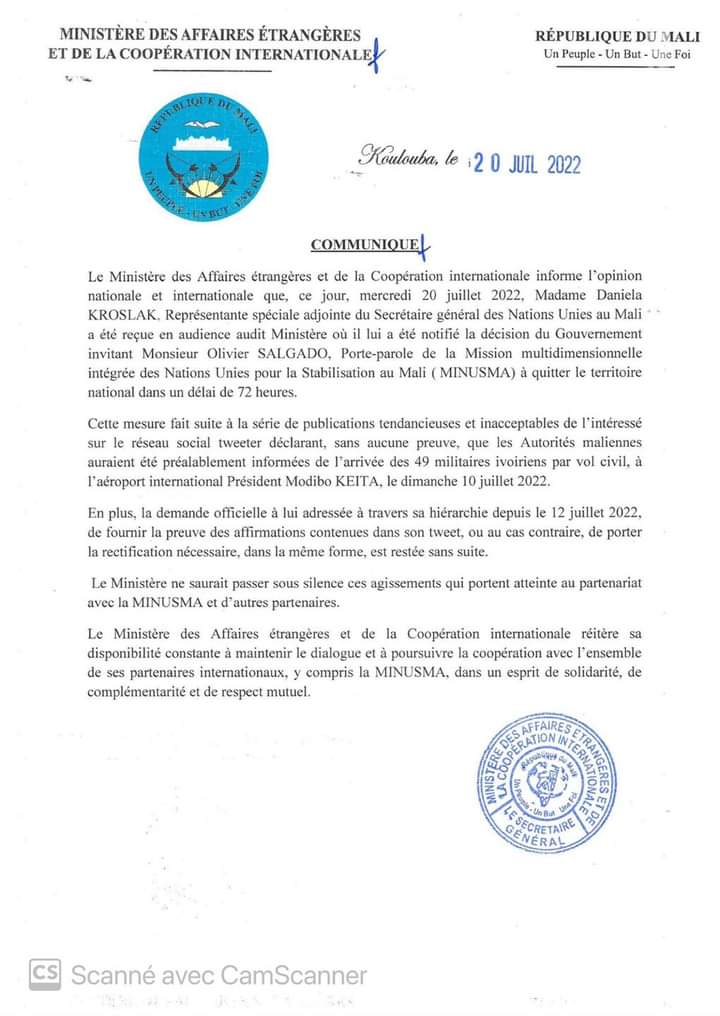 Affaire 49 soldats ivoiriens arrêtés: le gouvernement malien chasse le Porte-parole de la MINUSMA Olivier Salgado du pays