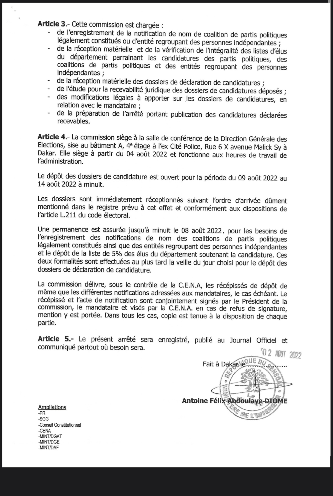 Election des hauts conseils du 04 septembre : le dépôt des dossiers de candidature prévu pour la période du 09 au 14 août 