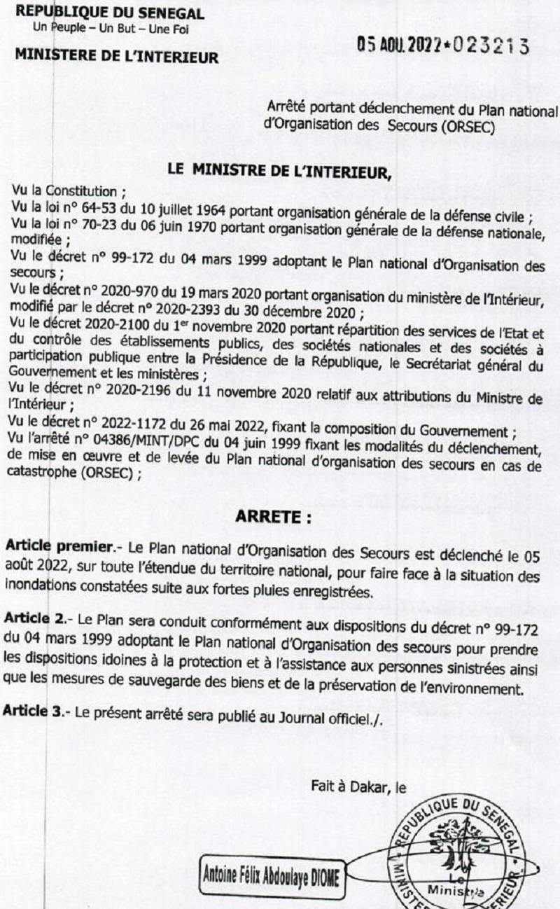 Déclenchement du Plan ORSEC sur l'étendue du territoire national, suite aux fortes pluies de ce vendredi