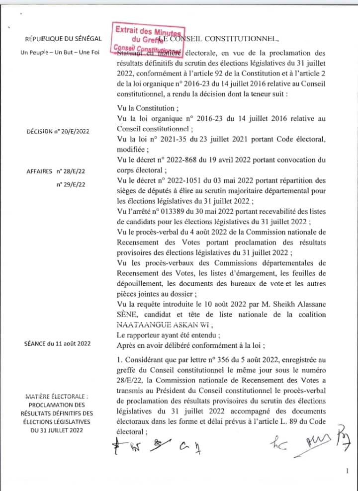 Législatives 2022 : le Conseil constitutionnel confirme les résultats provisoires de la Cnrv