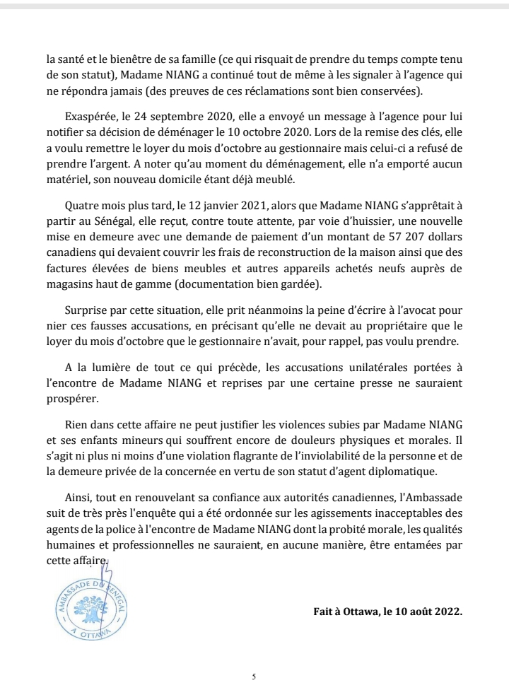 Diplomate sénégalaise tabassée : l'ambassade du Sénégal au Canada dénonce « la diffusion d'informations fausses et choquantes » et livre sa version