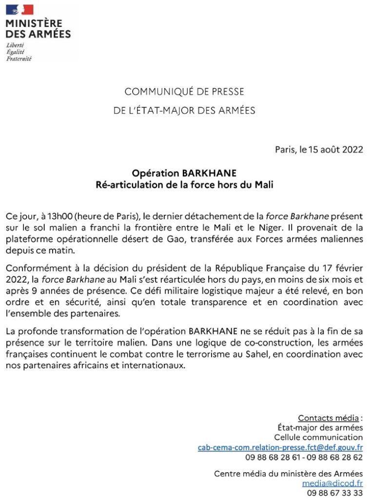 Mali: l'Armée française a plié bagage