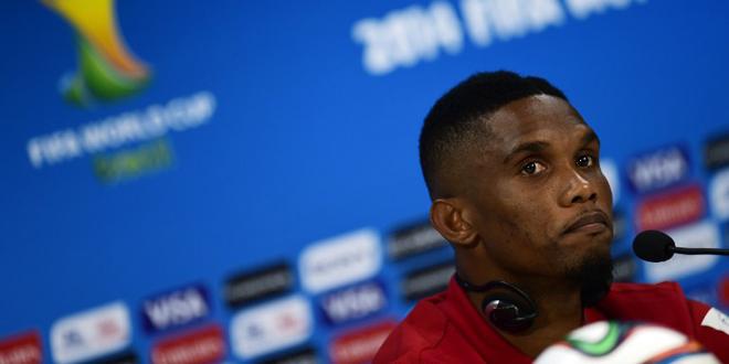 Samuel Eto'o en conférence de presse (PIERRE-PHILIPPE MARCOU / AFP)