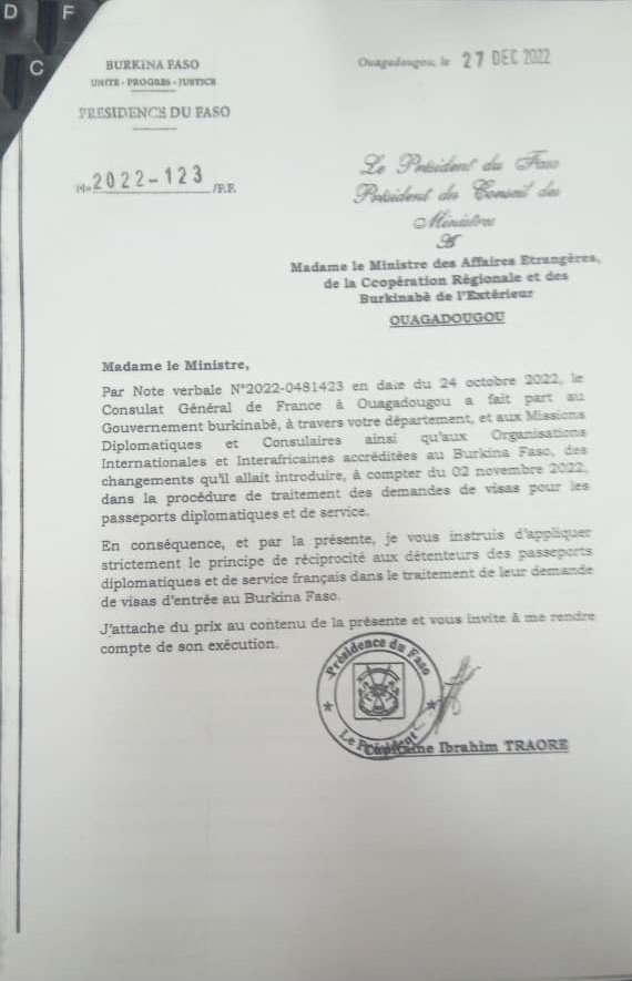 Le Burkina applique le principe de réciprocité dans les procédures de demande de visa