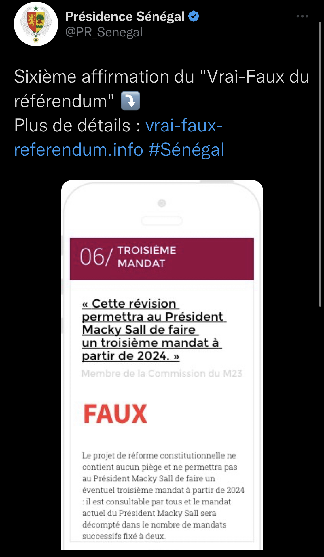 La Présidence du Sénégal a supprimé son tweet qui indiquait que Macky Sall n’a pas droit à un 3e mandat