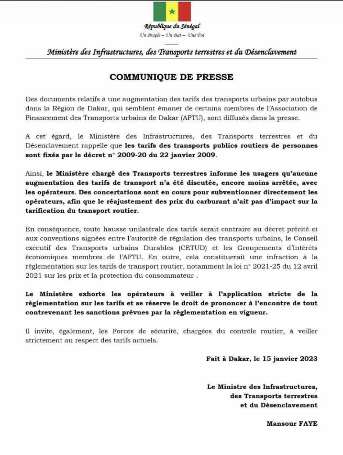 Hausse annoncée des tarifs par AFTU: Mansour Faye brandit des menaces