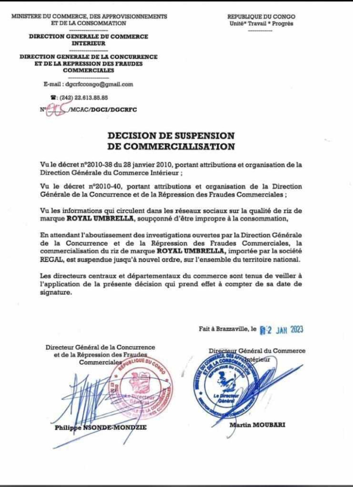 Le riz de marque "Royal Umbrella" consommé au Sénégal, interdit de vente à Brazzaville