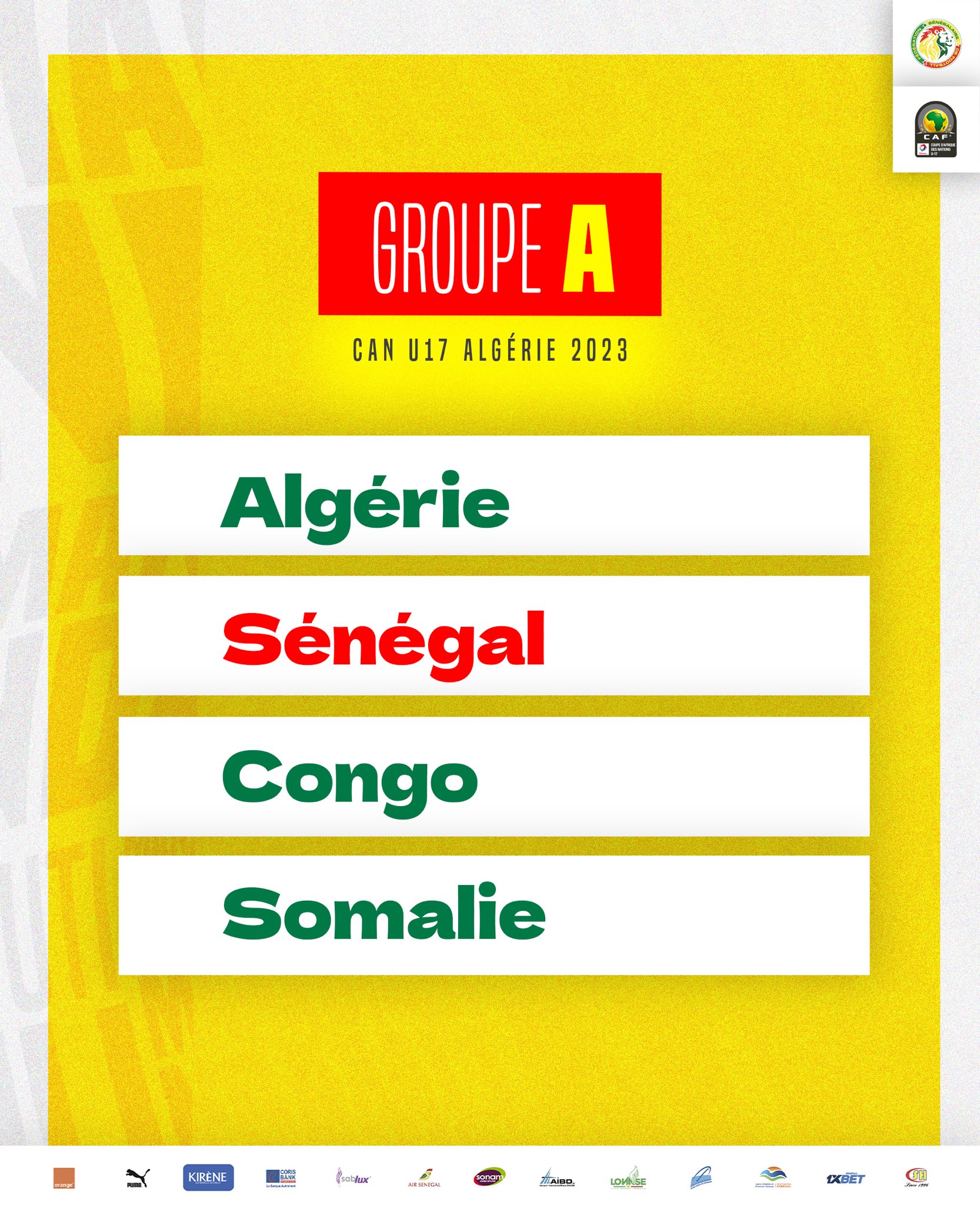 Tirage CAN U 17 : Le Sénégal dans le groupe A en compagnie de l’Algérie, du Congo et de la Somalie