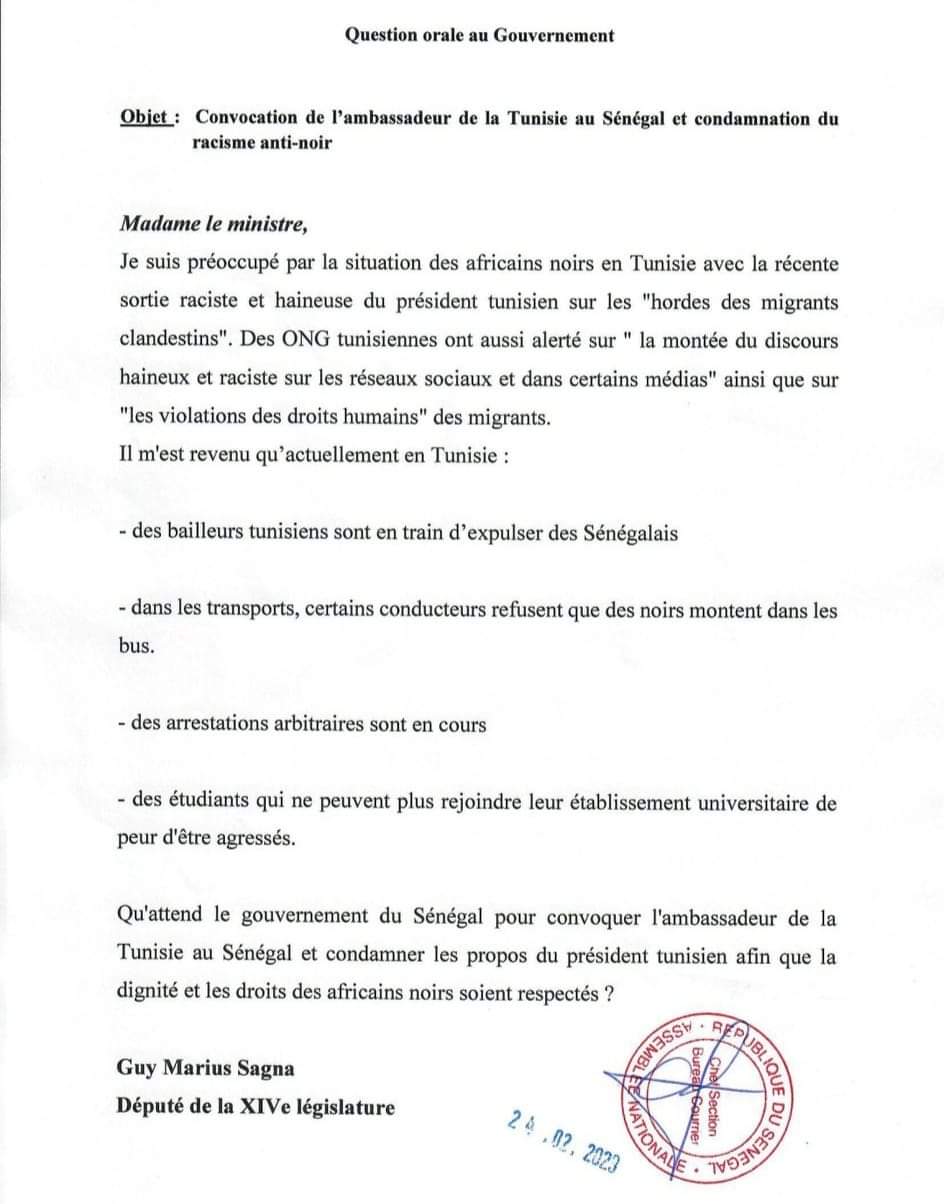 "Propos anti-noirs": Guy Marius Sagna exige la convocation de l'ambassade de la Tunisie au Sénégal