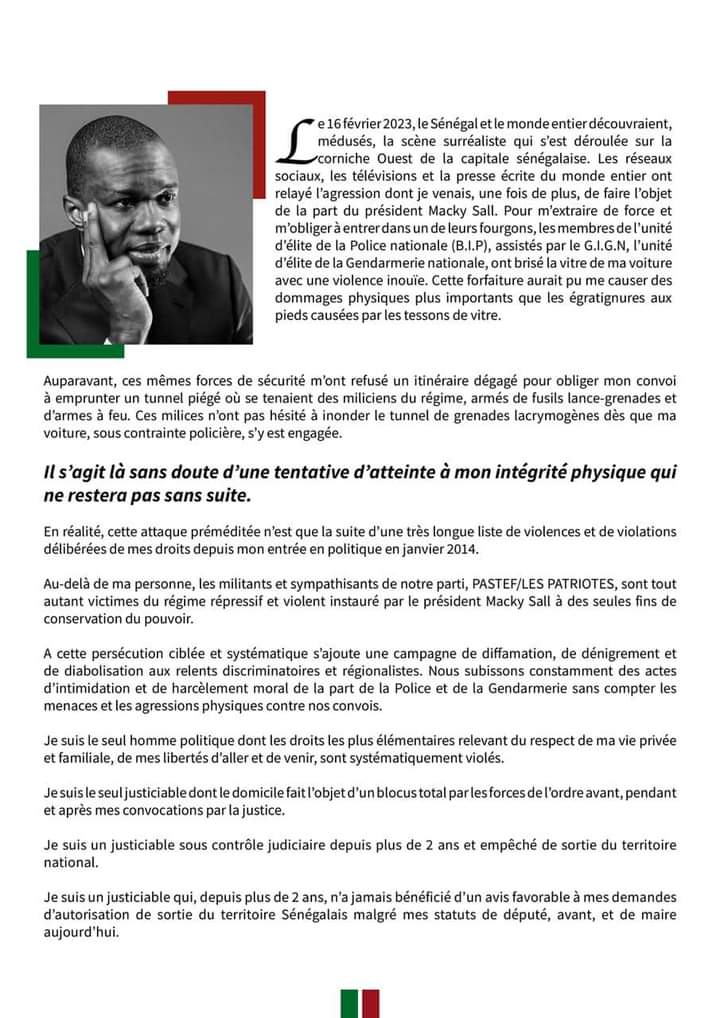 Victime de « répression » et de « violence » avec ses militants, Sonko saisit la communauté internationale