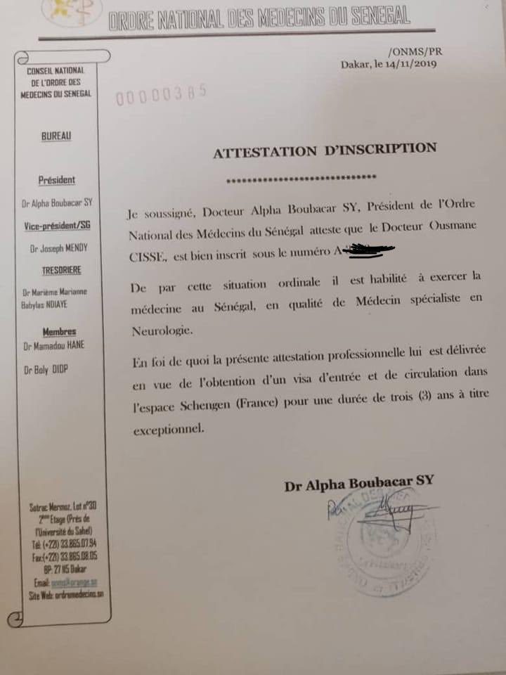Affaire médecin traitant de Sonko: le Dr Ousmane Cissé est bien sur le tableau de l'Ordre national des médecins du Sénégal