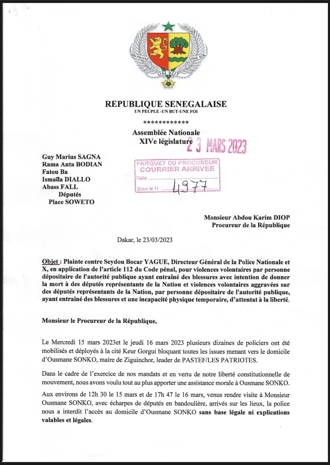 Evénements du 16 mars: 5 députés sénégalais déposent une plainte contre les ministres de l'Intérieur et des Forces armées Evénements du 16 mars: 5 députés sénégalais déposent une plainte contre les ministres de l'Intérieur et des Forces armées
