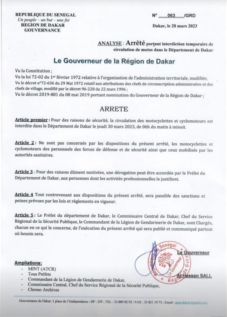 Dakar : les motocyclettes et cyclomoteurs interdits de circuler ce jeudi de 06 heures à minuit (Document)