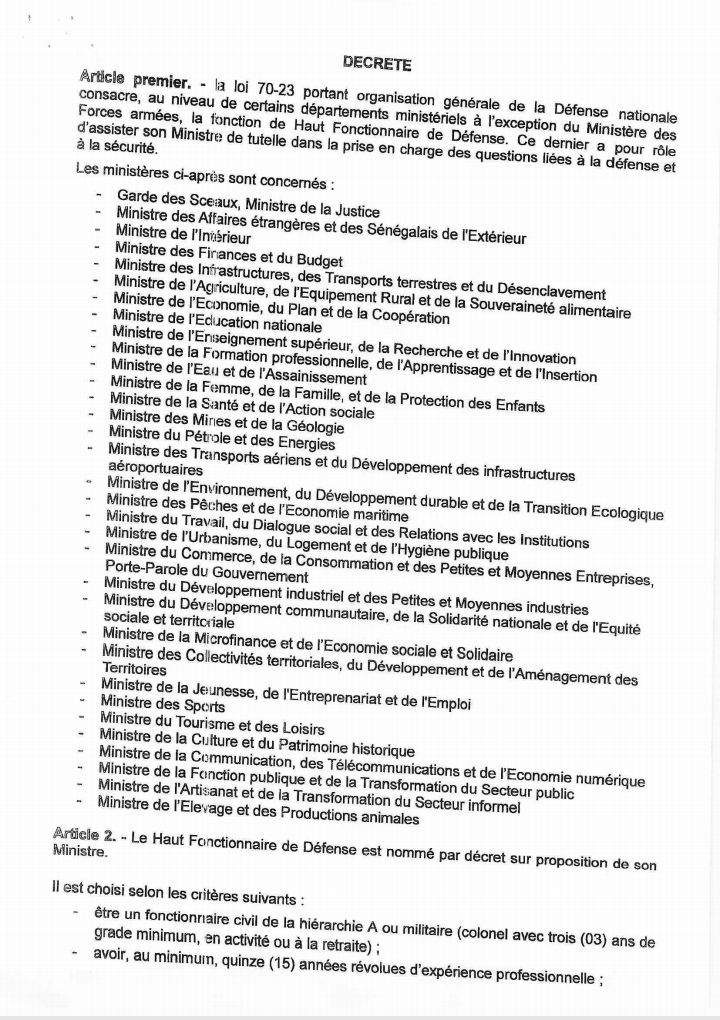 Voici le projet de décret fixant le profil, le rôle et les missions du Haut Fonctionnaire de Défense (documents)