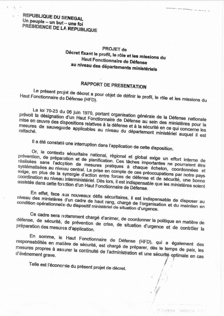 Voici le projet de décret fixant le profil, le rôle et les missions du Haut Fonctionnaire de Défense (documents)