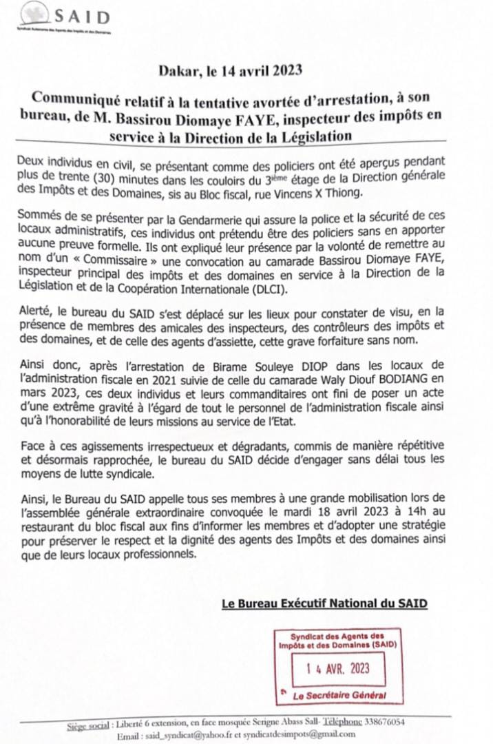 Tentative d’arrestation de Bassirou Diomaye Faye: le Syndicat des agents des impôts et domaines monte au créneau et engage la lutte