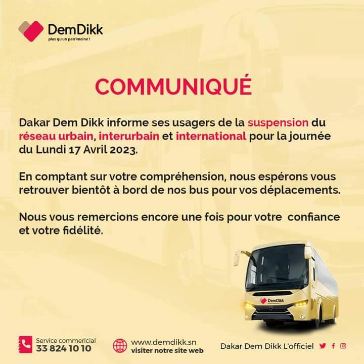 Les bus de Dakar Dem Dikk ne vont pas circuler ce lundi 17 avril