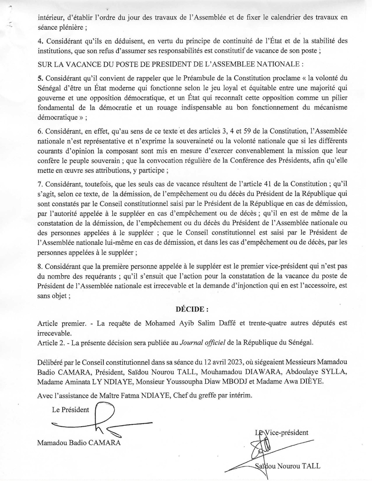 Saisine du Conseil constitutionnel pour réanimer l'AN : le recours de YAW déclaré « irrecevable »  (documents)