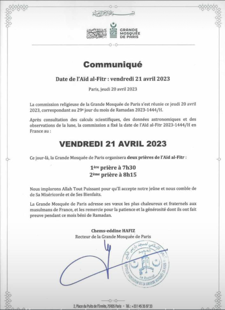 L'Aïd al-Fitr célébrée vendredi en France