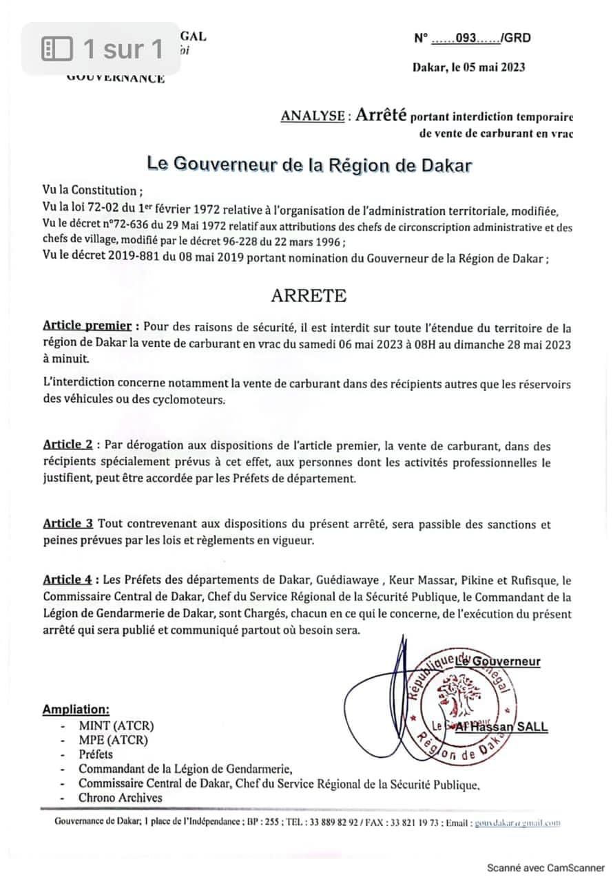Procès en appel de Sonko: le gouverneur de Dakar interdit la vente de carburant en vrac pour 22 jours 