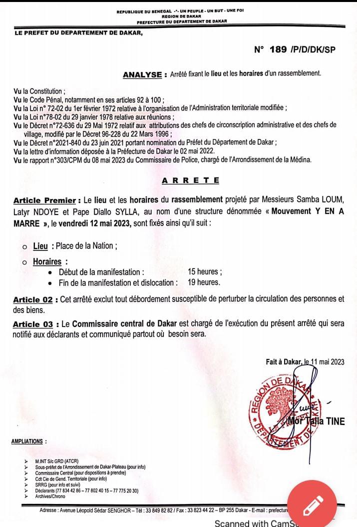 Dakar : le préfet autorise la manifestation du F24 (Document)