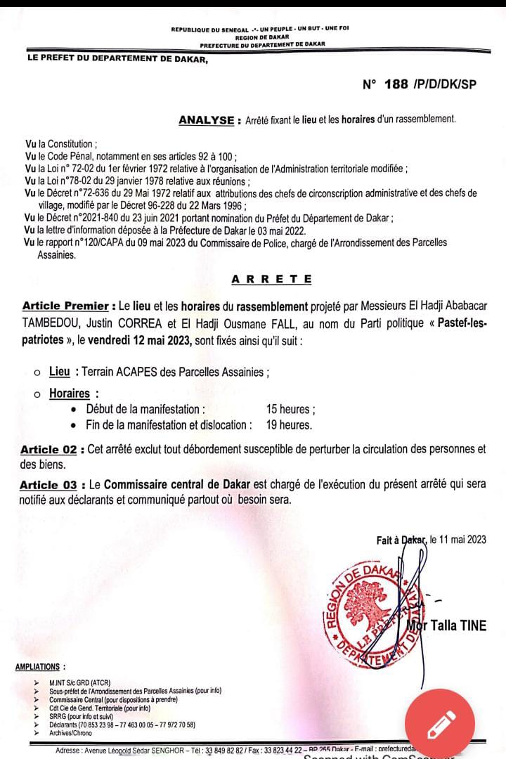 Parcelles Assainies : le préfet autorise la manifestation de Pastef (Document)