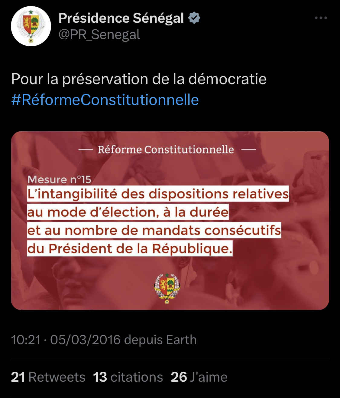 Encore un tweet de 2016 de la Présidence de la République contre la 3e candidature de Macky Sall