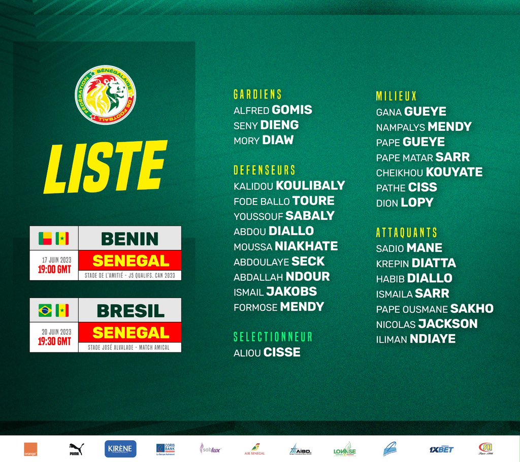 Match contre le Bénin et le Brésil : Aliou Cissé convoque 26 joueurs