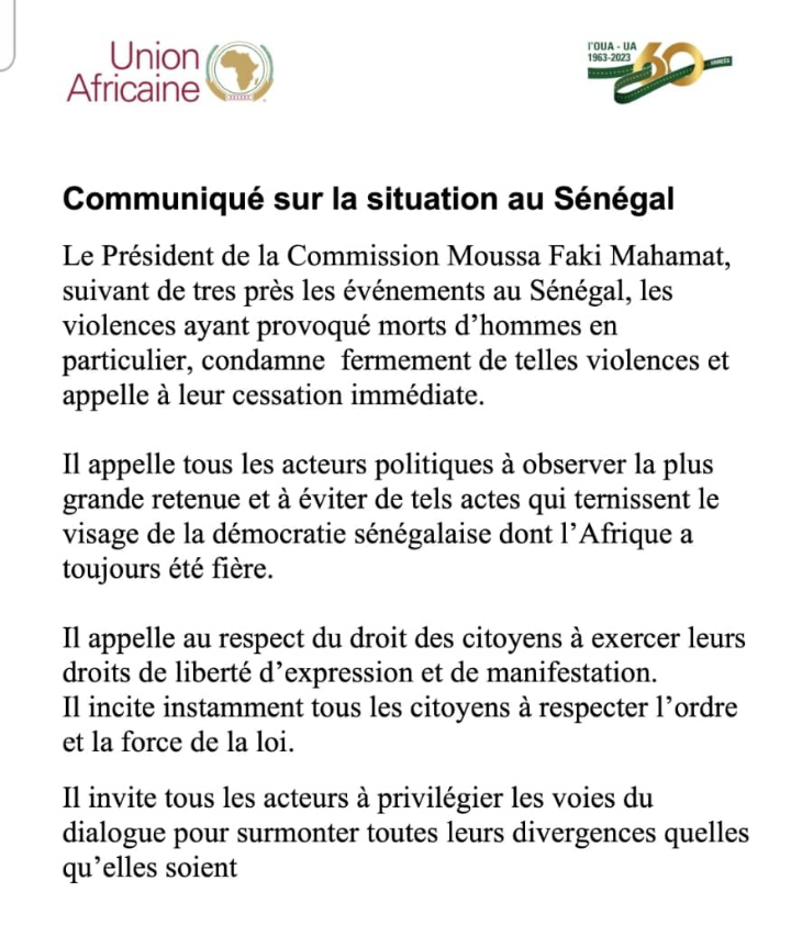 Sénégal : l'UA invite tous les acteurs à "privilégier les voies du dialogue"