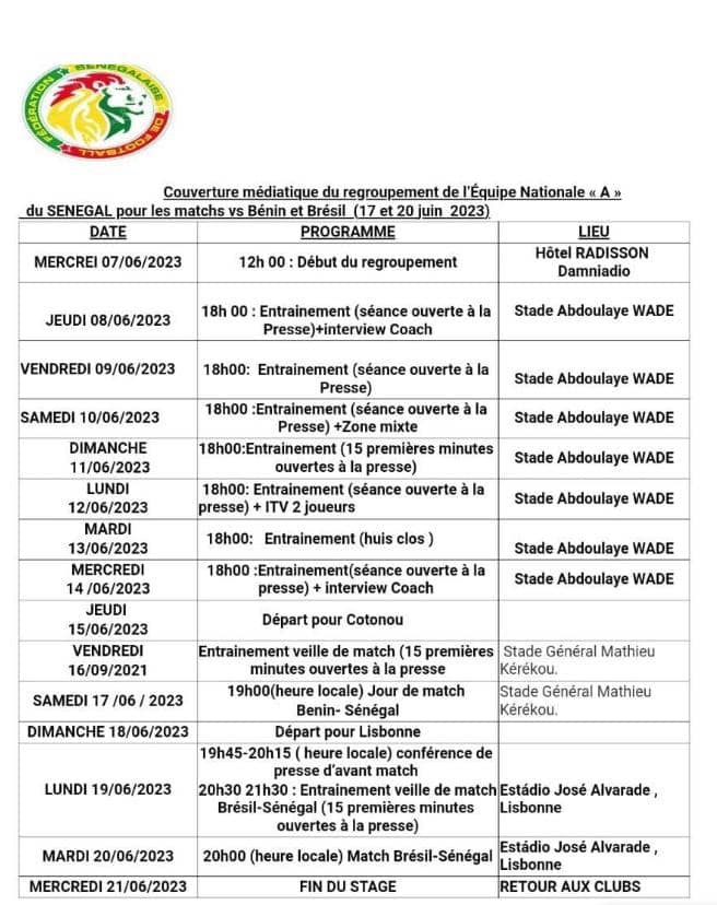 Matchs contre le Bénin et le Brésil : première séance des « Lions » prévue ce jeudi