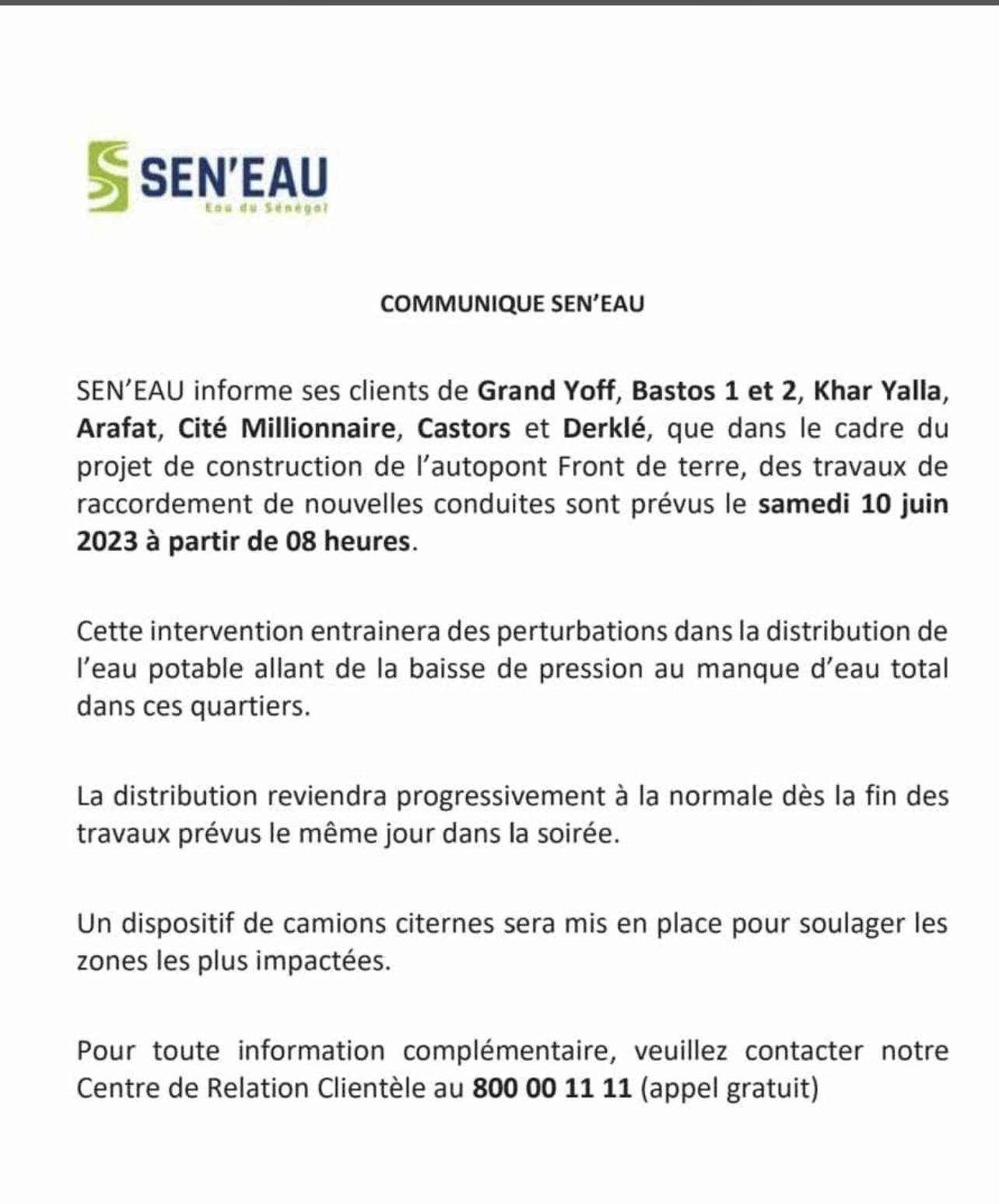 Dakar : des perturbations dans la distribution de l'eau ce samedi  ( Communiqué)