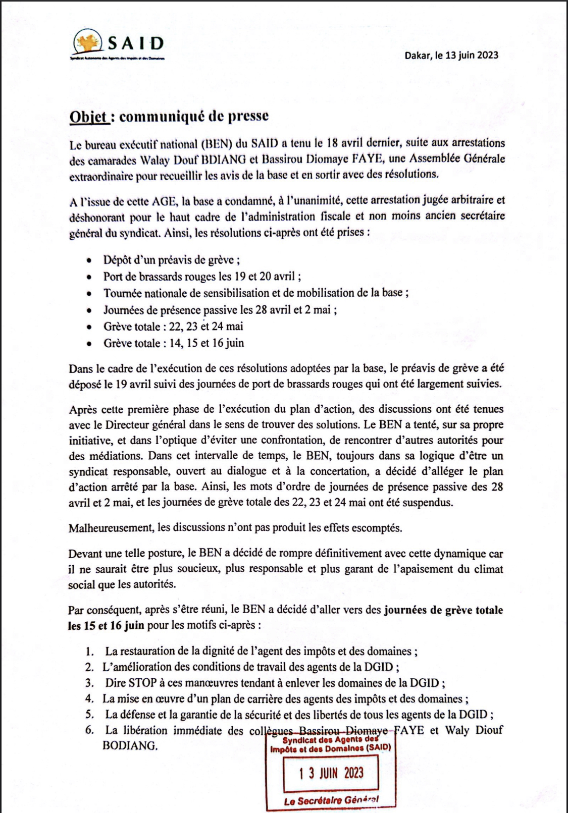 Grève totale à la DGID les 15 et 16 juin